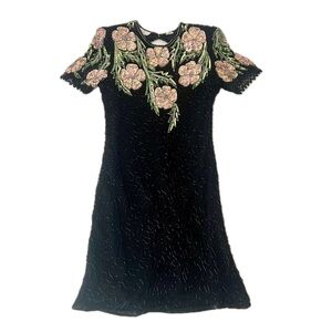 Vintage Lawrence Kazar Dress Sz PM Silk Black Sequins Beaded Floral Sequin Neck